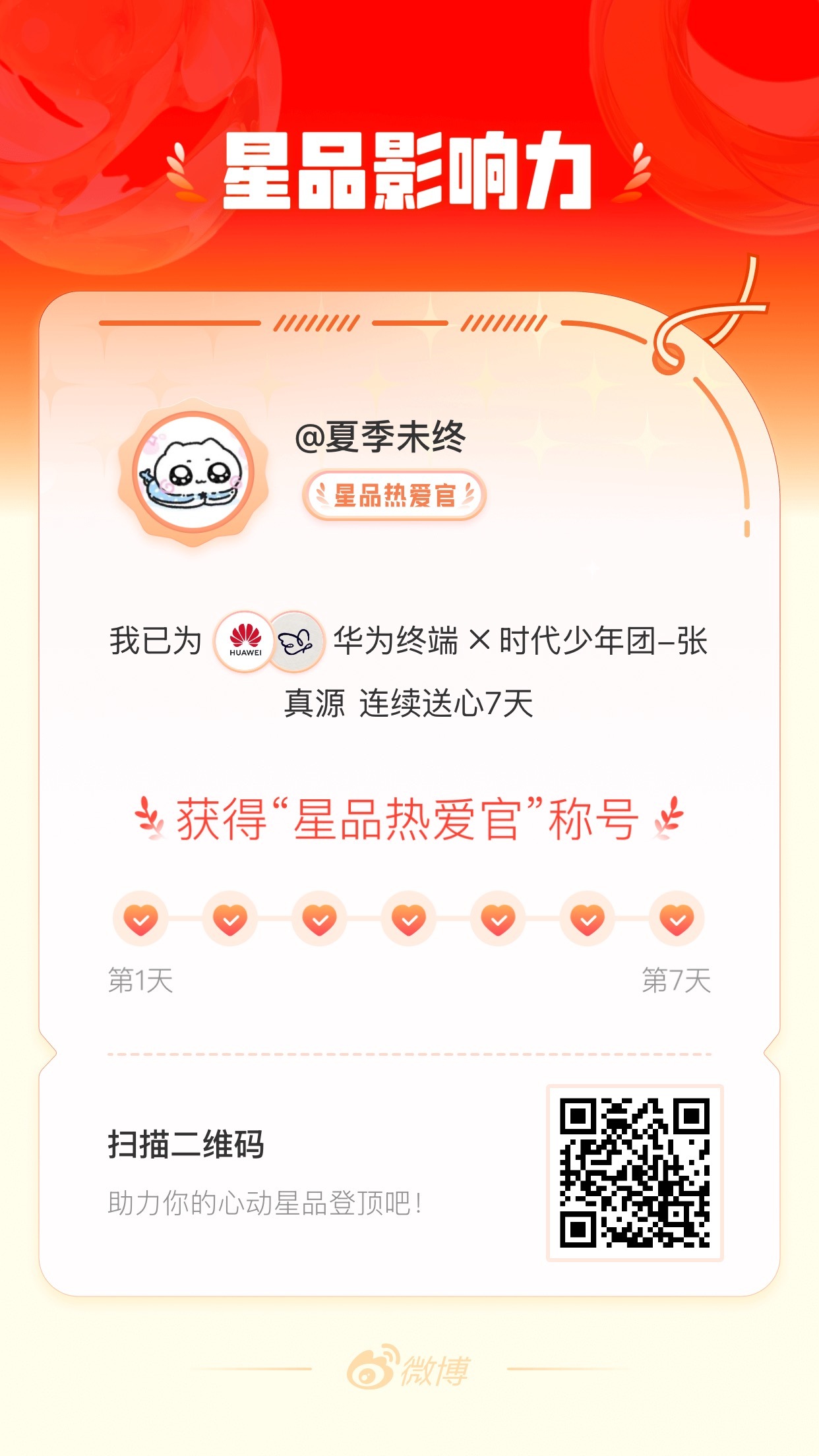 我在星品影响力上为 X 连续送心7天，获得“星品热爱官”称号！快来一起pick你