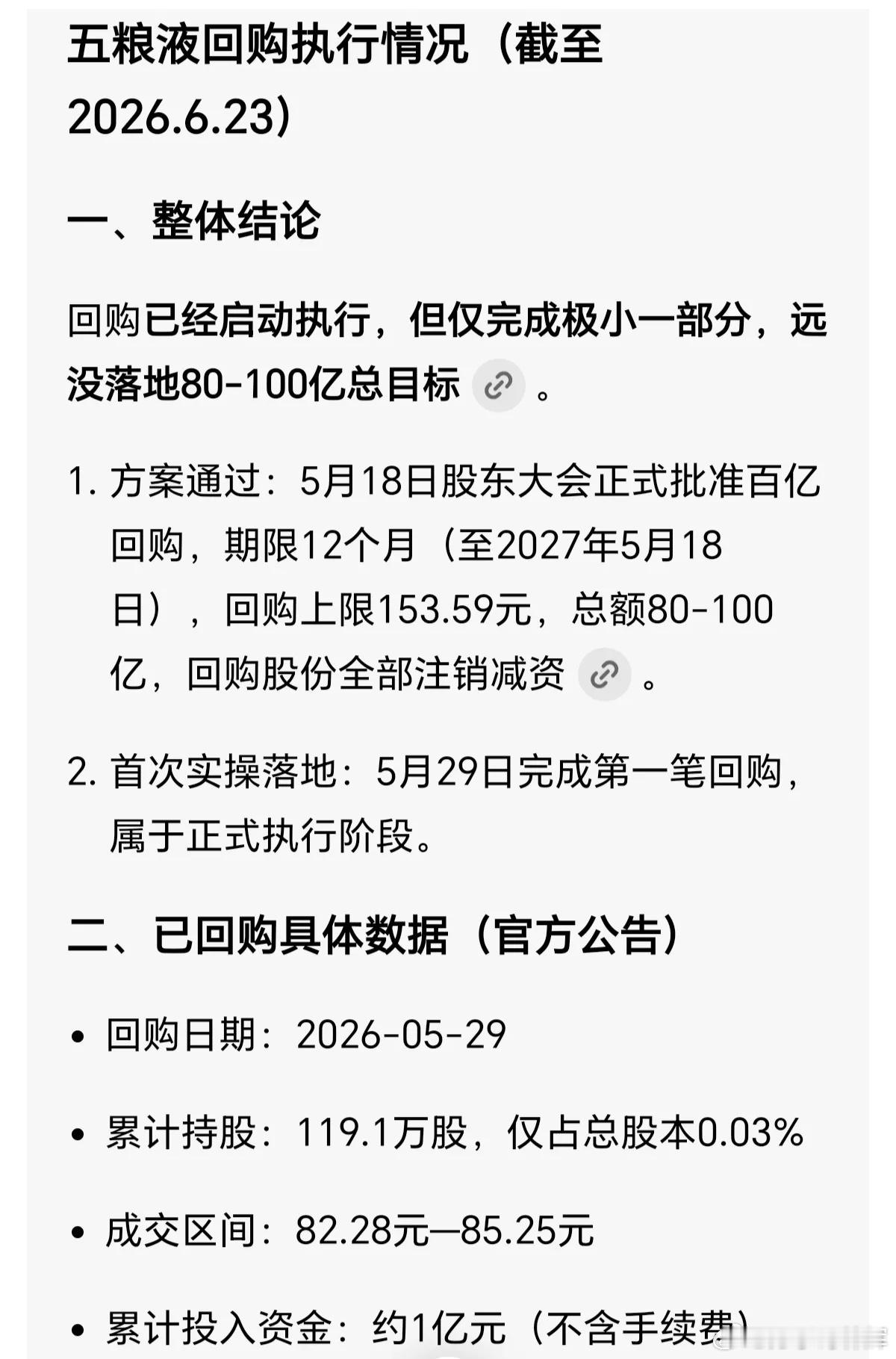 截止目前，五粮液对外宣称要回购80亿到100亿股份，并注销的计划，目前只落地了1
