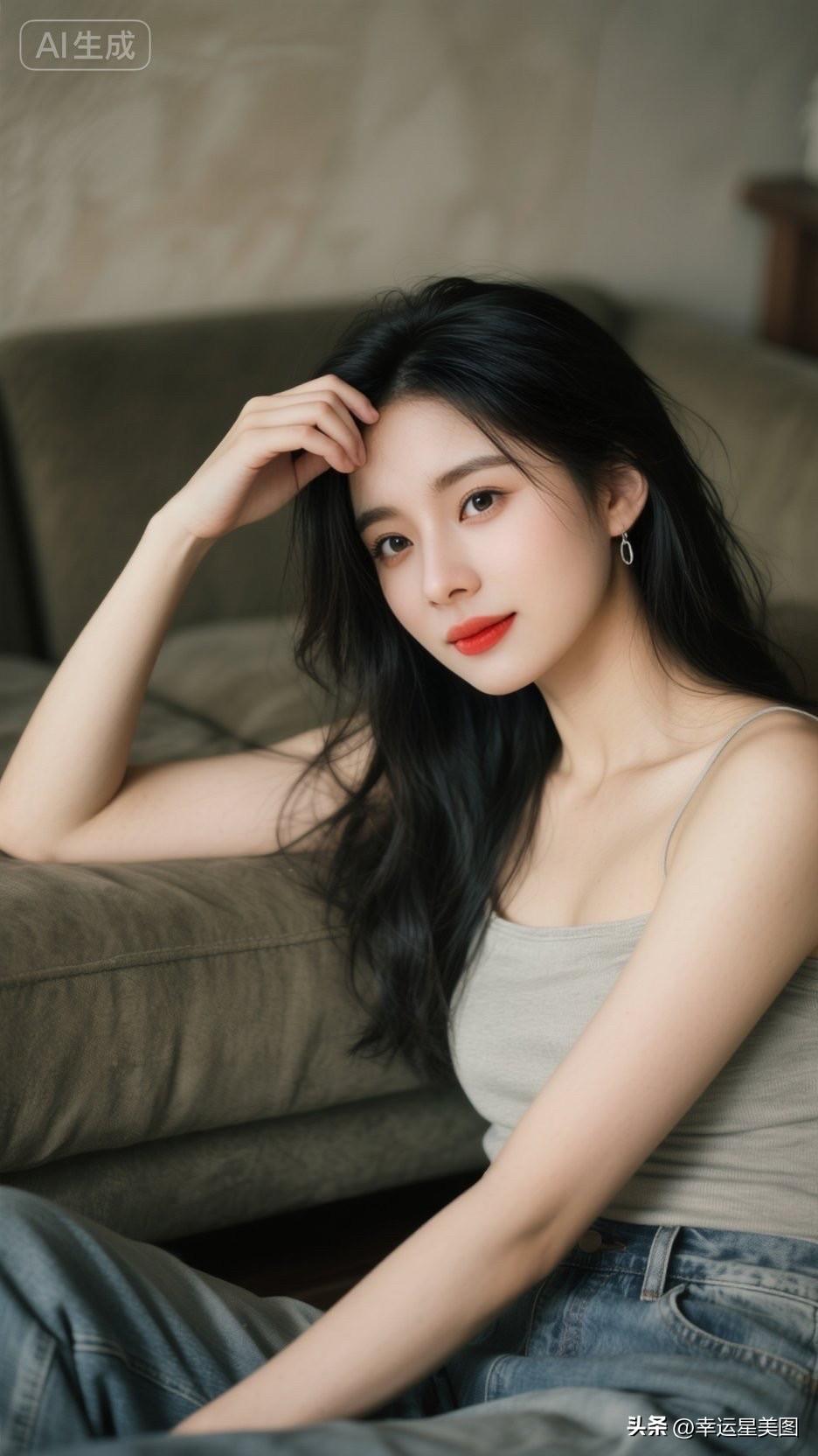 慵懒午后，黑发少女轻抚发丝，温柔动人。