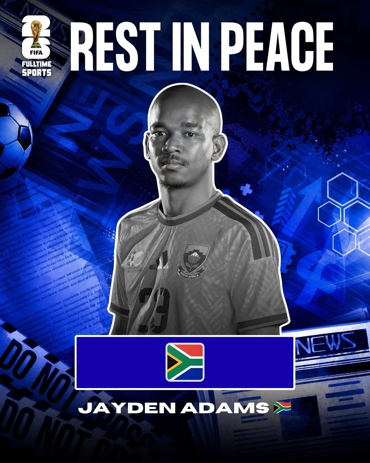 據報係上吊自殺，具體細節還未有交代，願安息🪦亞當斯南非 🇿🇦FIFA Wo