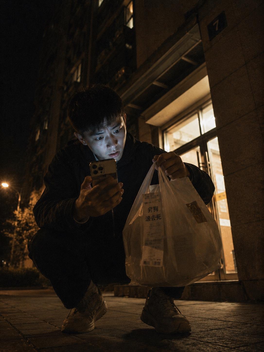 凌晨两点五十八。我盯着外卖袋子上那个“SB”，手抖了。

拆开袋子一眼就瞅见了。