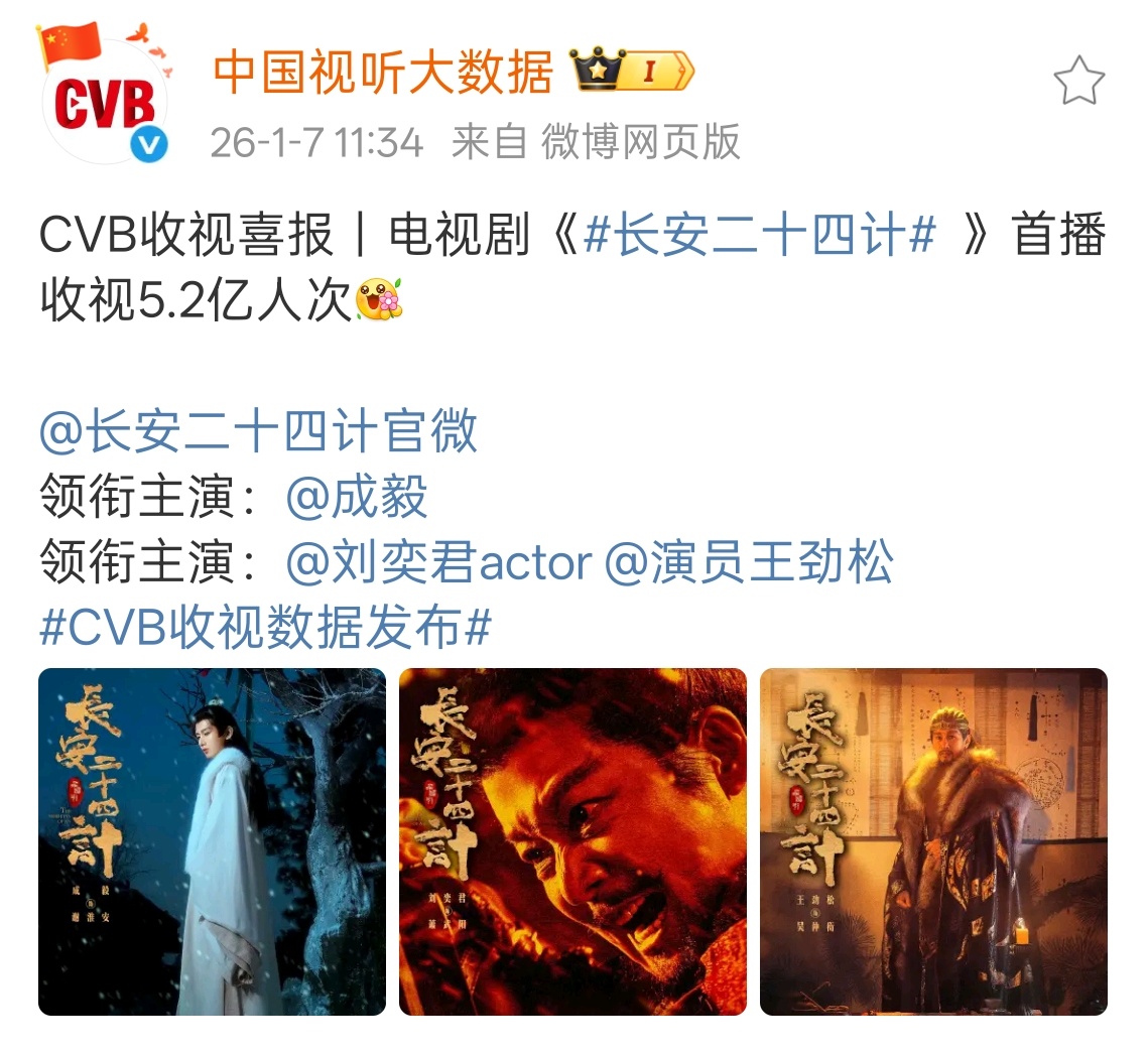 中国视听大数据认证成毅长安二十四计首播收视5.2亿人次