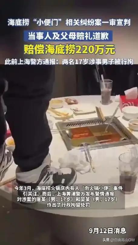 海底捞因为小孩在火锅里尿尿事件索赔2000多万，一审判决只让孩子家长赔偿200万