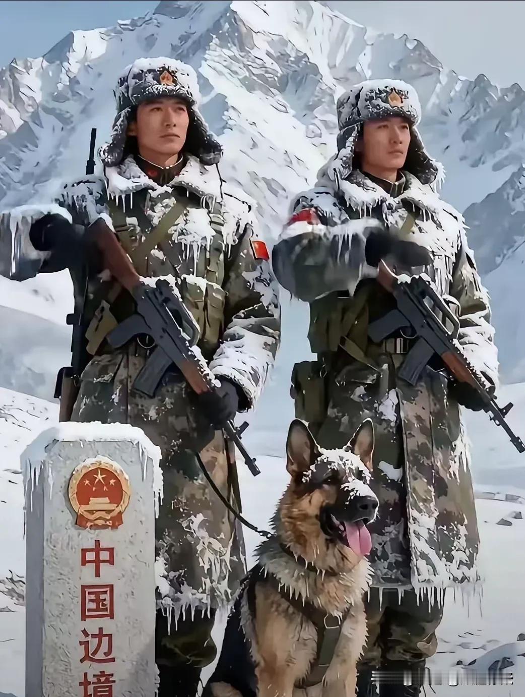 这是中国边防战士在雪地里站岗放哨。在这严寒的大雪天气里站岗保家卫国太棒了吧！雪下