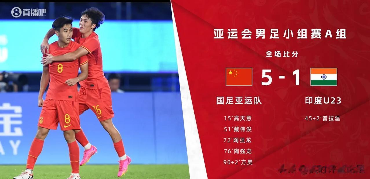 亚运男足小组赛，中国5-1印度，比赛揭露了2个有趣的事实

1.方昊真不错

方