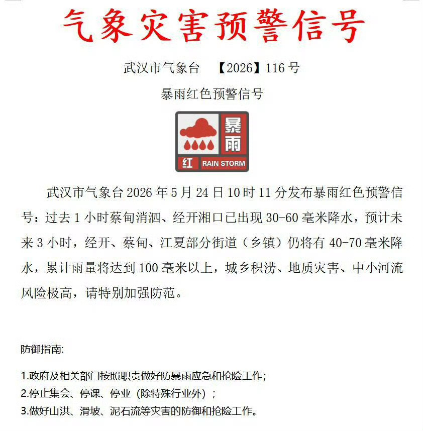 武汉停课停业大家都注意安全！未来几小时雨势还会很大，累计雨量会超100毫米，积水