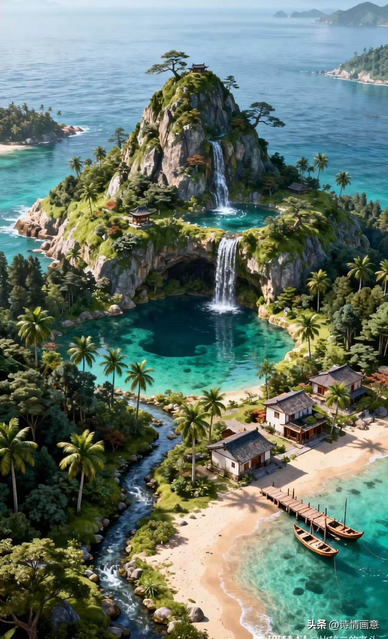 天净沙·山海奇景
危峰叠翠流天，
白练双落清渊。
柳掩渔家岸边。
海潮银溅，
环