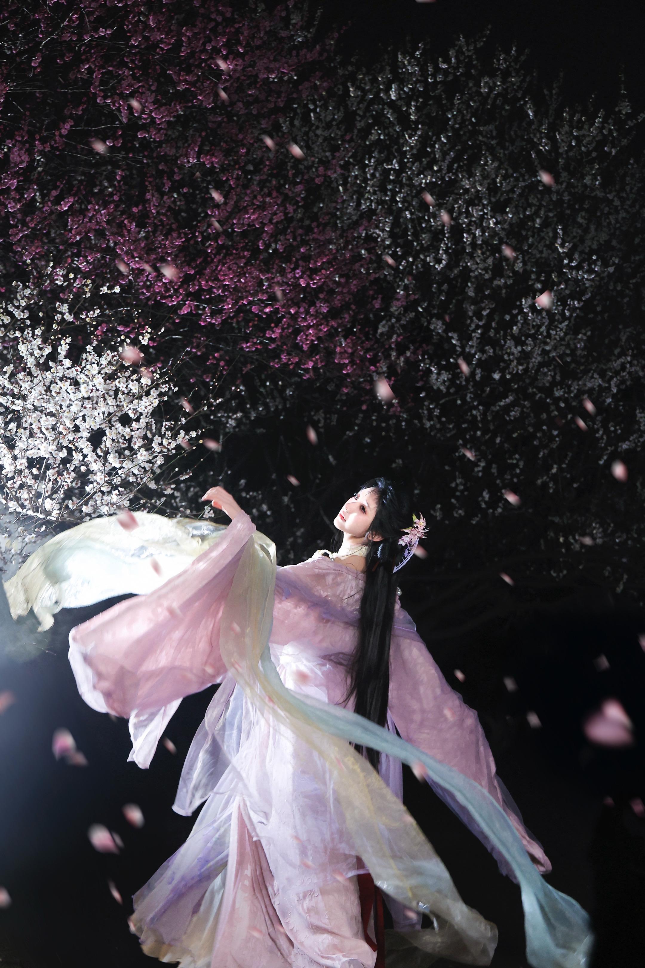 风袖卷起万瓣浮光。青丝缠着落英在指间流转成诗