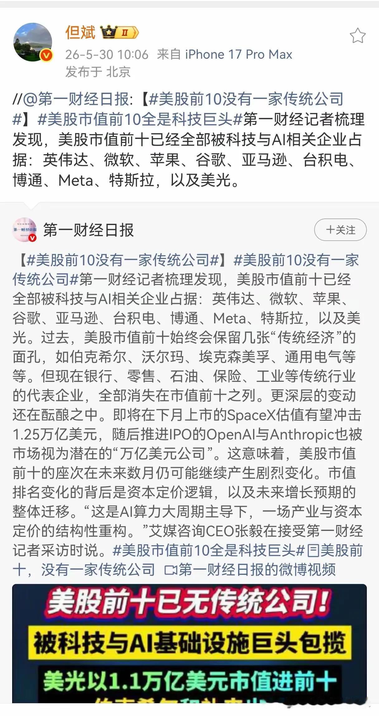 但斌转发了《第一财经日报》的一篇文章，美股前十全是AI科技巨头，美股资本已经全面