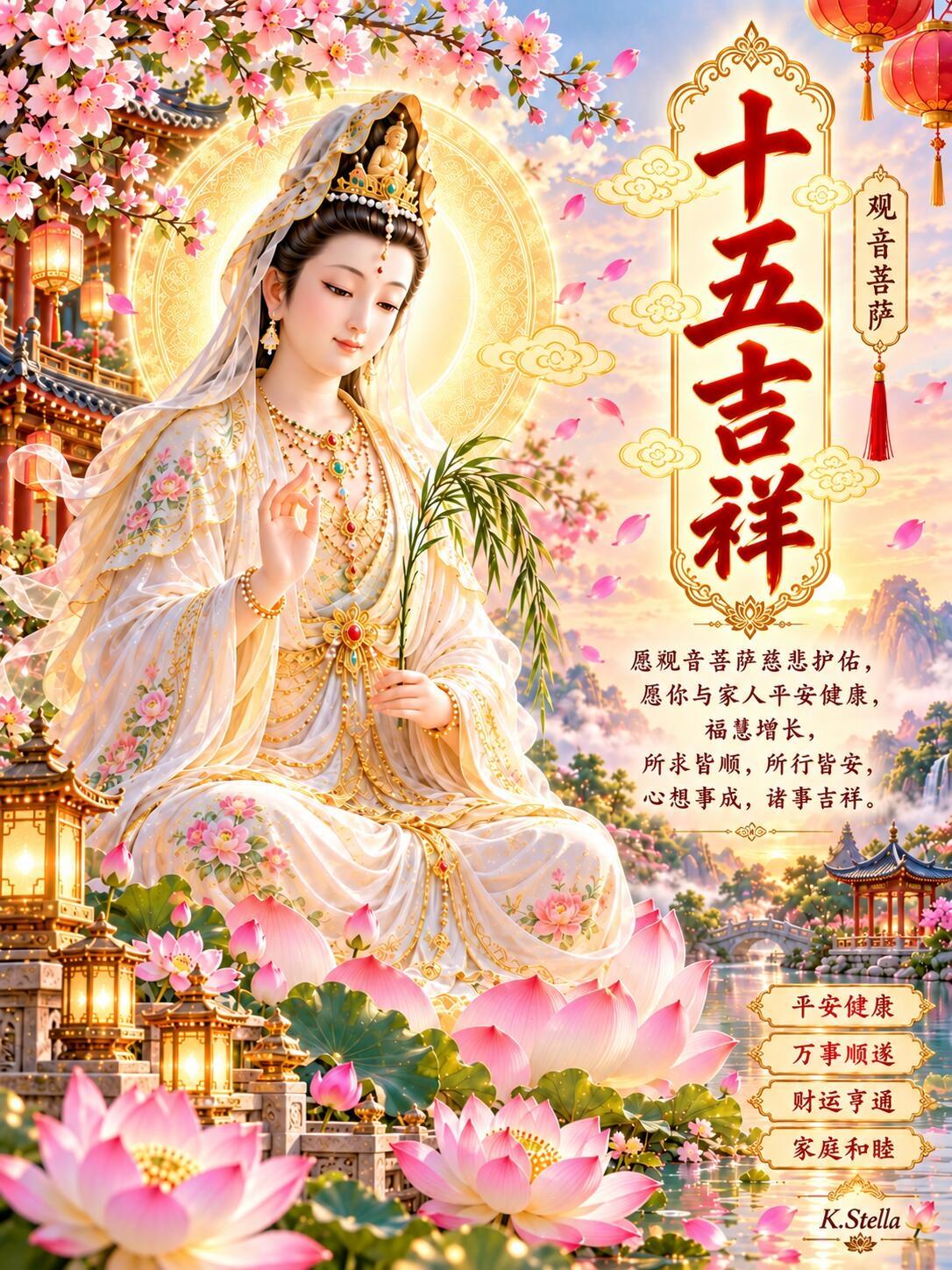 观音赐福｜十五吉祥，平安喜乐 🙏
愿观音菩萨慈悲护佑，
愿家人平安健康，福慧增