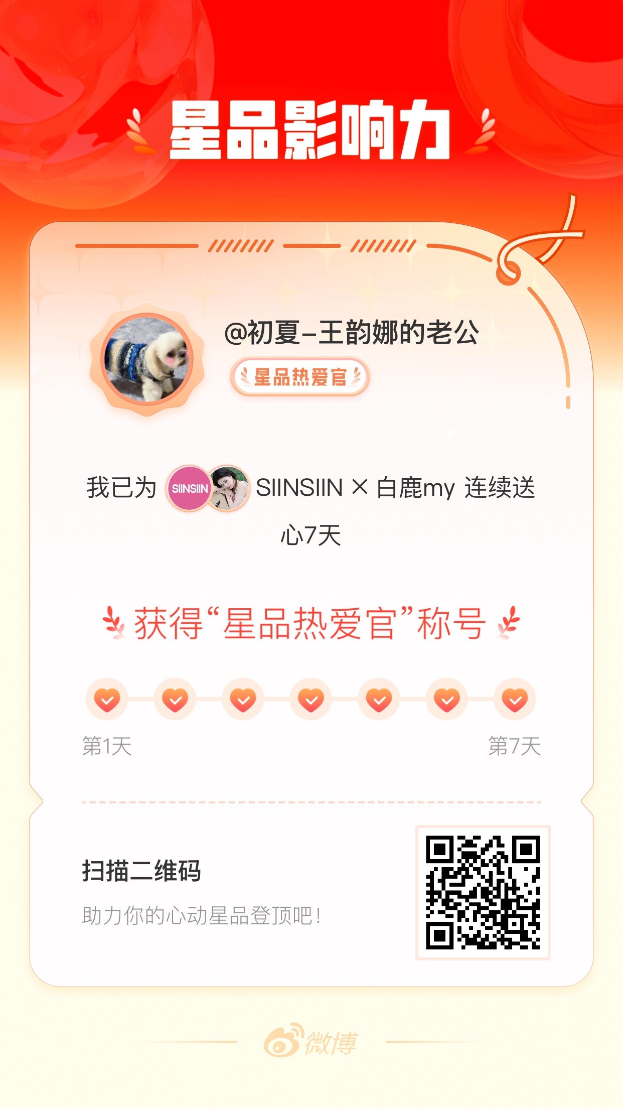 我在星品影响力上为 X 连续送心7天，获得“星品热爱官”称号！快来一起pick你