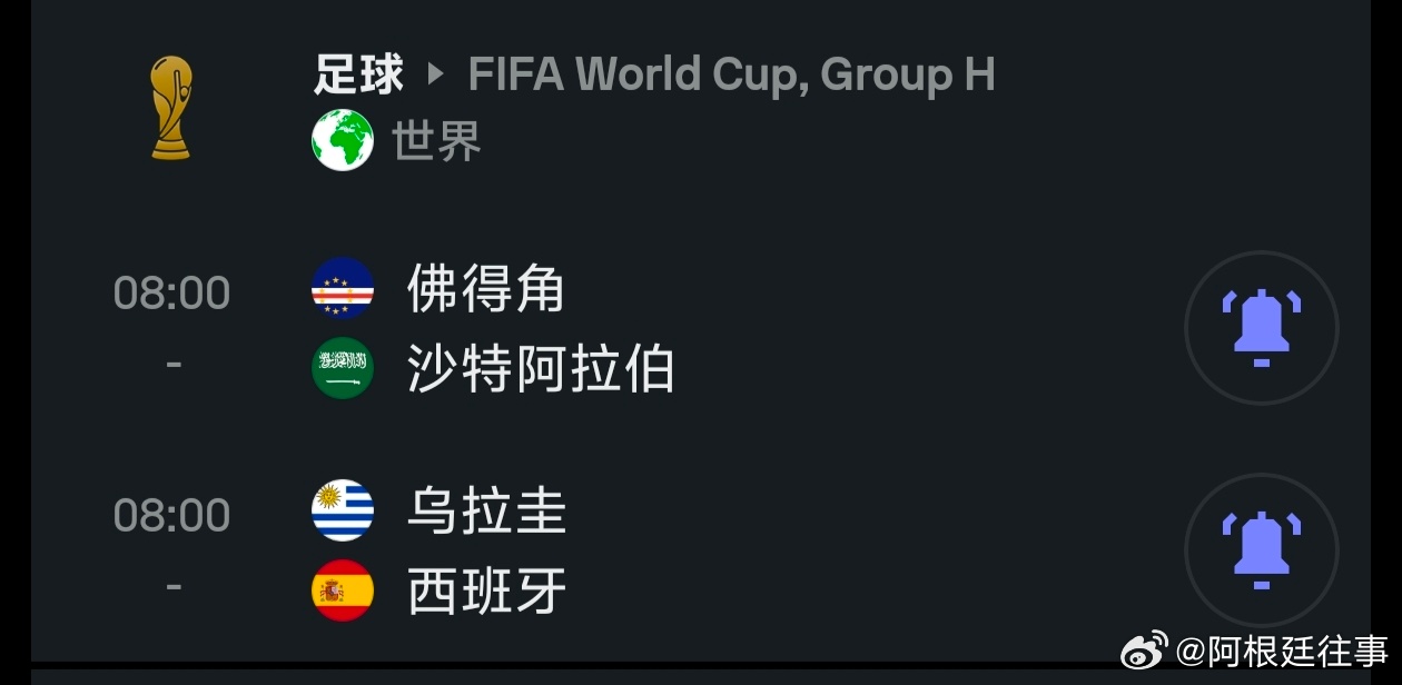 一会八点，H组将展开最后一轮的角逐，佛得角对沙特，乌拉圭对西班牙，这两场比赛的结
