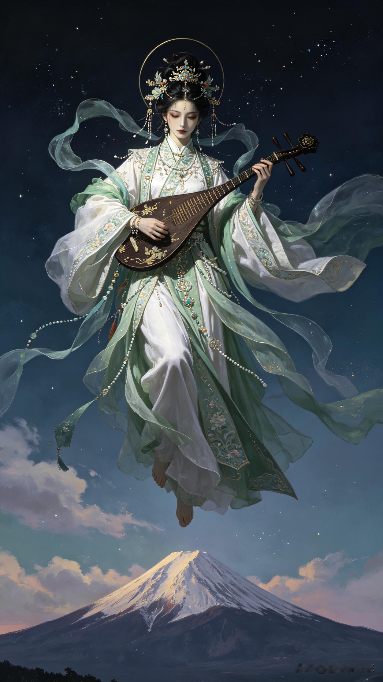 鹧鸪天·神女抚琴

雪岭巍峨接太清，祥云缭绕步轻盈。
身披碧落流霞帔，手抱檀槽奏