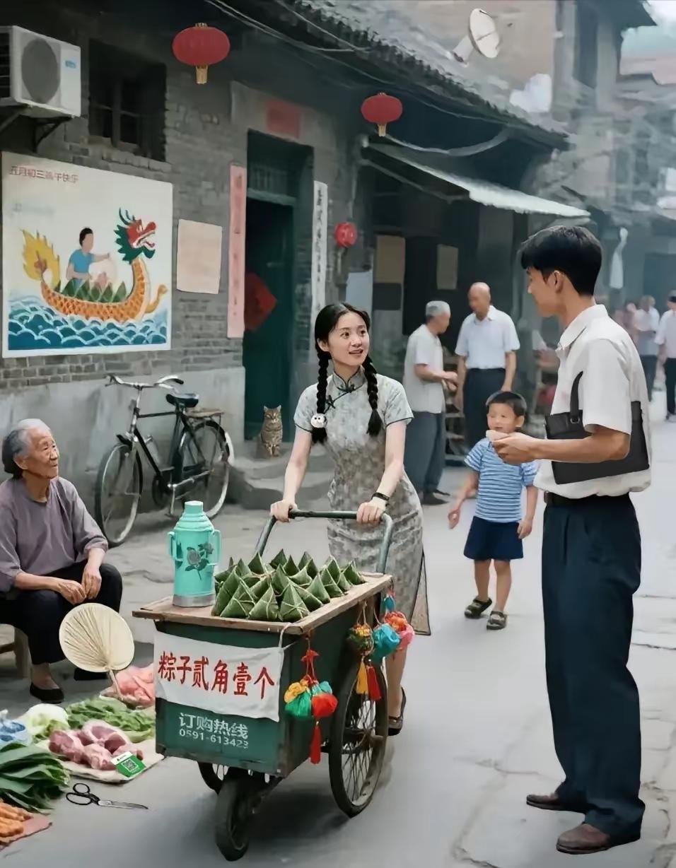 瞧瞧图片上存在几处不合理之处？

仔细端详这张八十年代街头售货图，女子身着旗袍沿