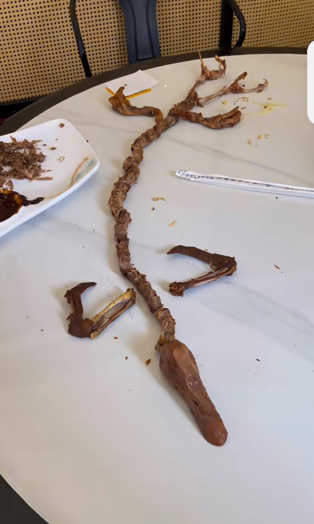 在餐馆点了一只卤鸭，吃完觉得不对，于是便用骨头拼了一下。这是个什么？[抠鼻]