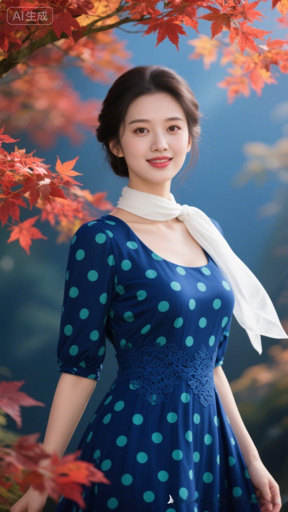 秋意渐浓，红叶飘舞，优雅蓝点连衣裙，尽显女性魅力。