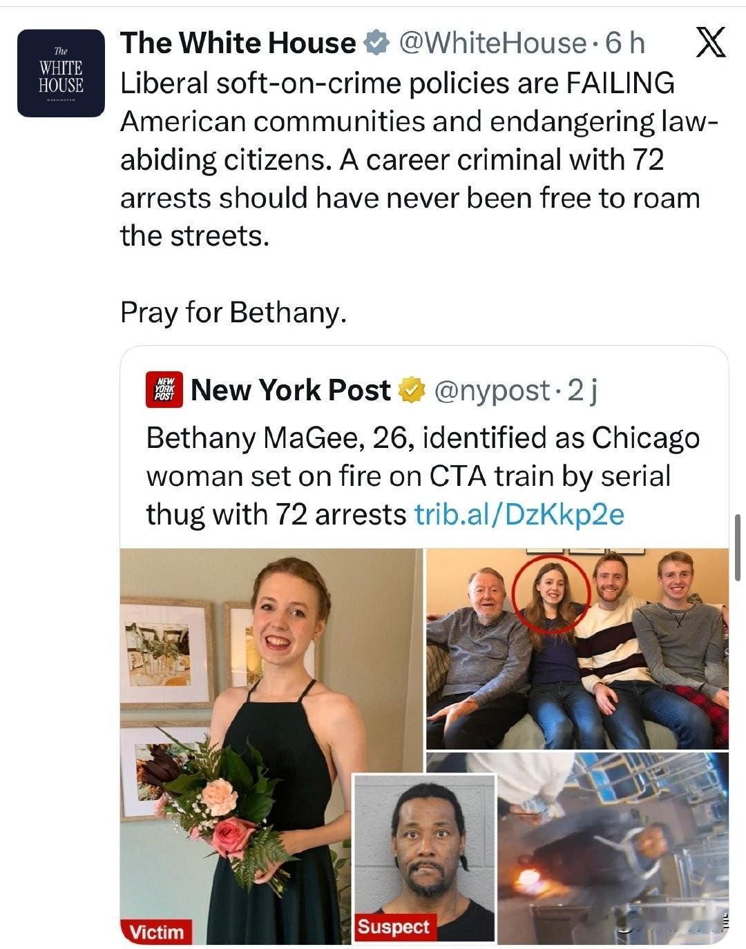白宫转发纽约邮报的一则报道，报道中一名26岁的女性被拥有72次被捕的连环爆图纵火