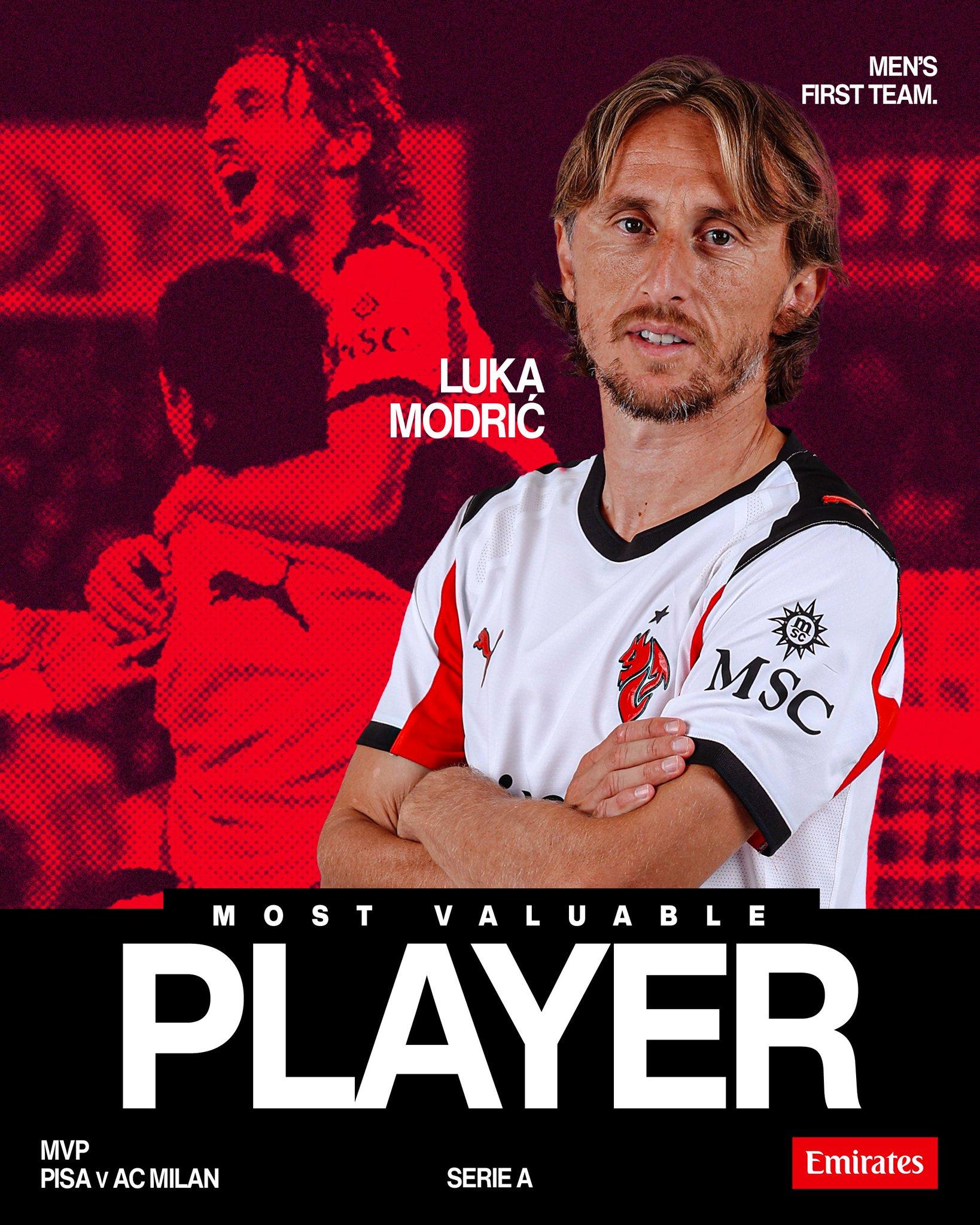 贡献绝杀，米兰官方：莫德里奇当选vs比萨队内最佳球员