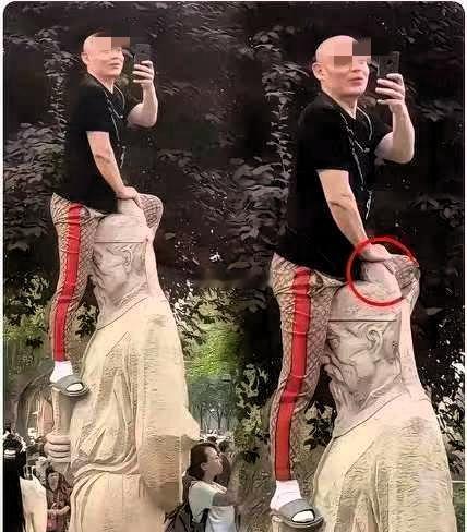 光头男子这下出名了，可以说是臭名远扬。
 
一名光头男子在景区为拍照，攀爬上古雕