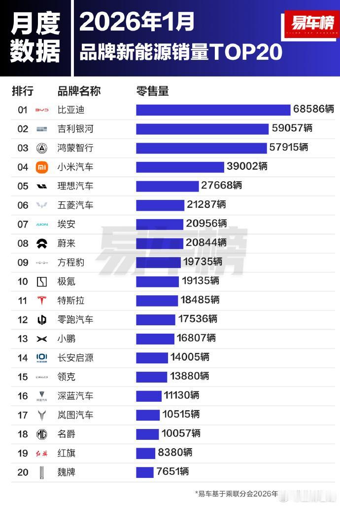 2026年1月品牌新能源及新能源车型销量TOP20
