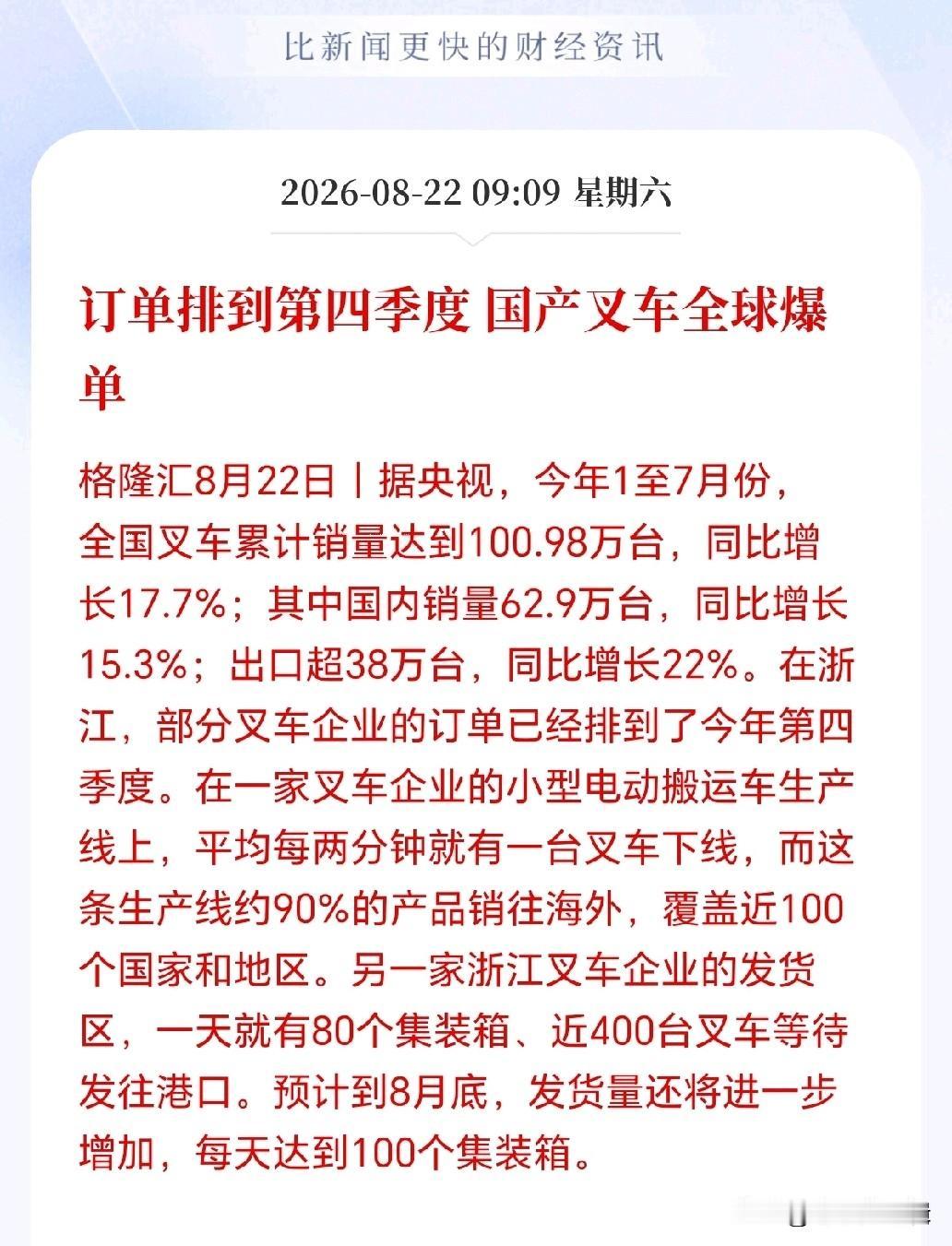 叉车板块下周一估计会很疯狂！
因为叉车卖疯了，7个月狂卖100万台，开始供不应求