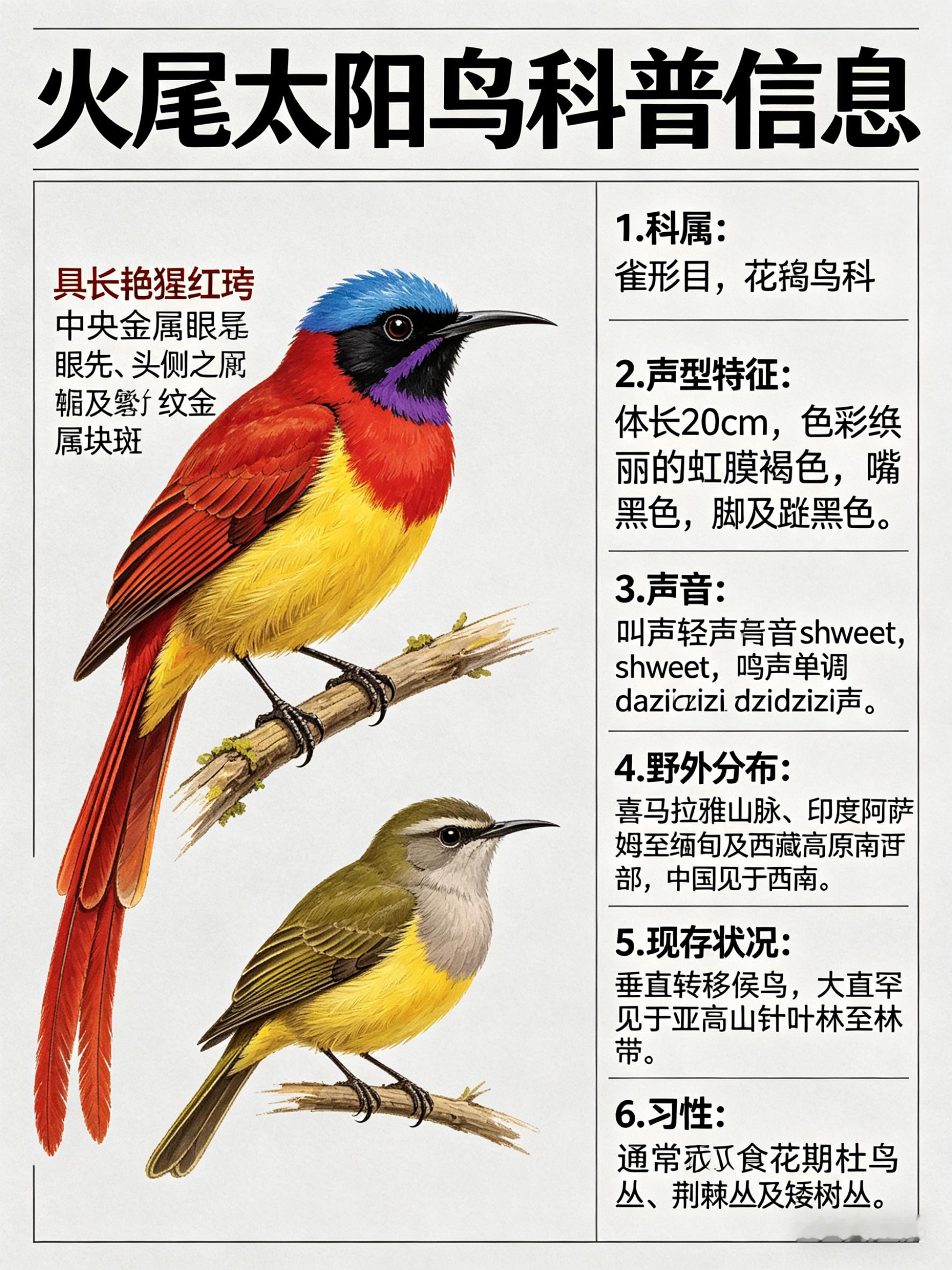 鸟类朋友图鉴 火尾太阳鸟·科属：雀形目，花蜜鸟科。·外形特征：体长（20cm）而