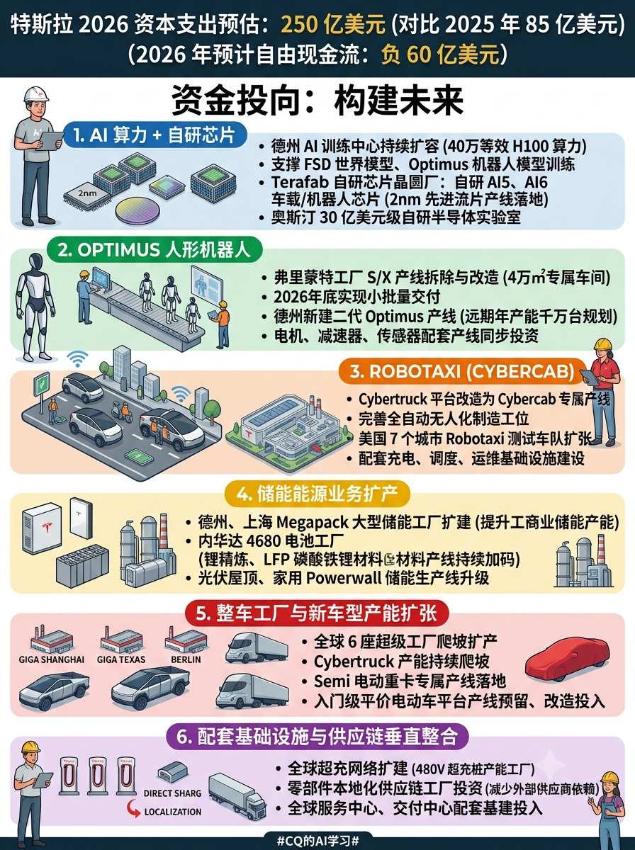特斯拉 2026 年的资本支出大概要 250 亿美元，对比 2025 年才 85