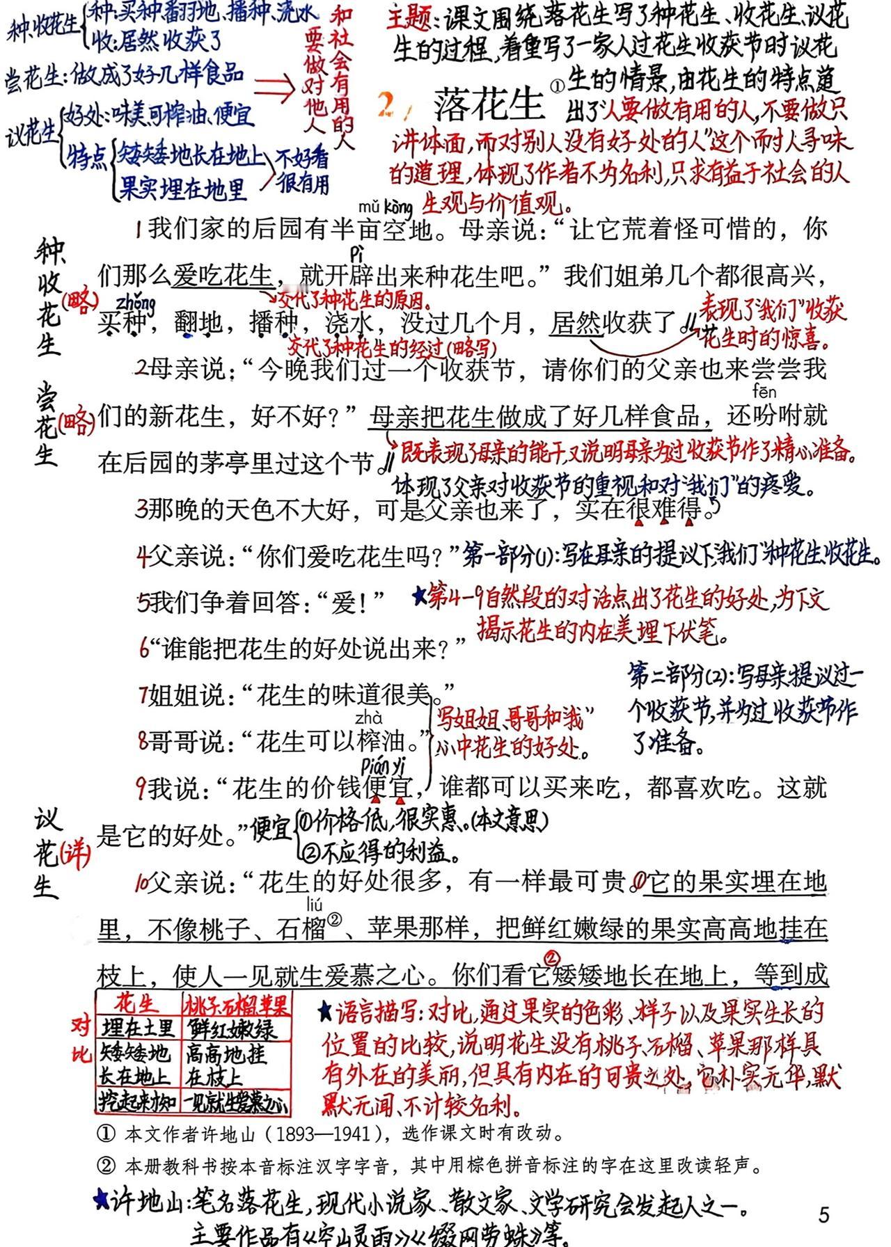 五年级上册语文，第一单元第2课《落花生》课堂学习笔记，收藏预习~