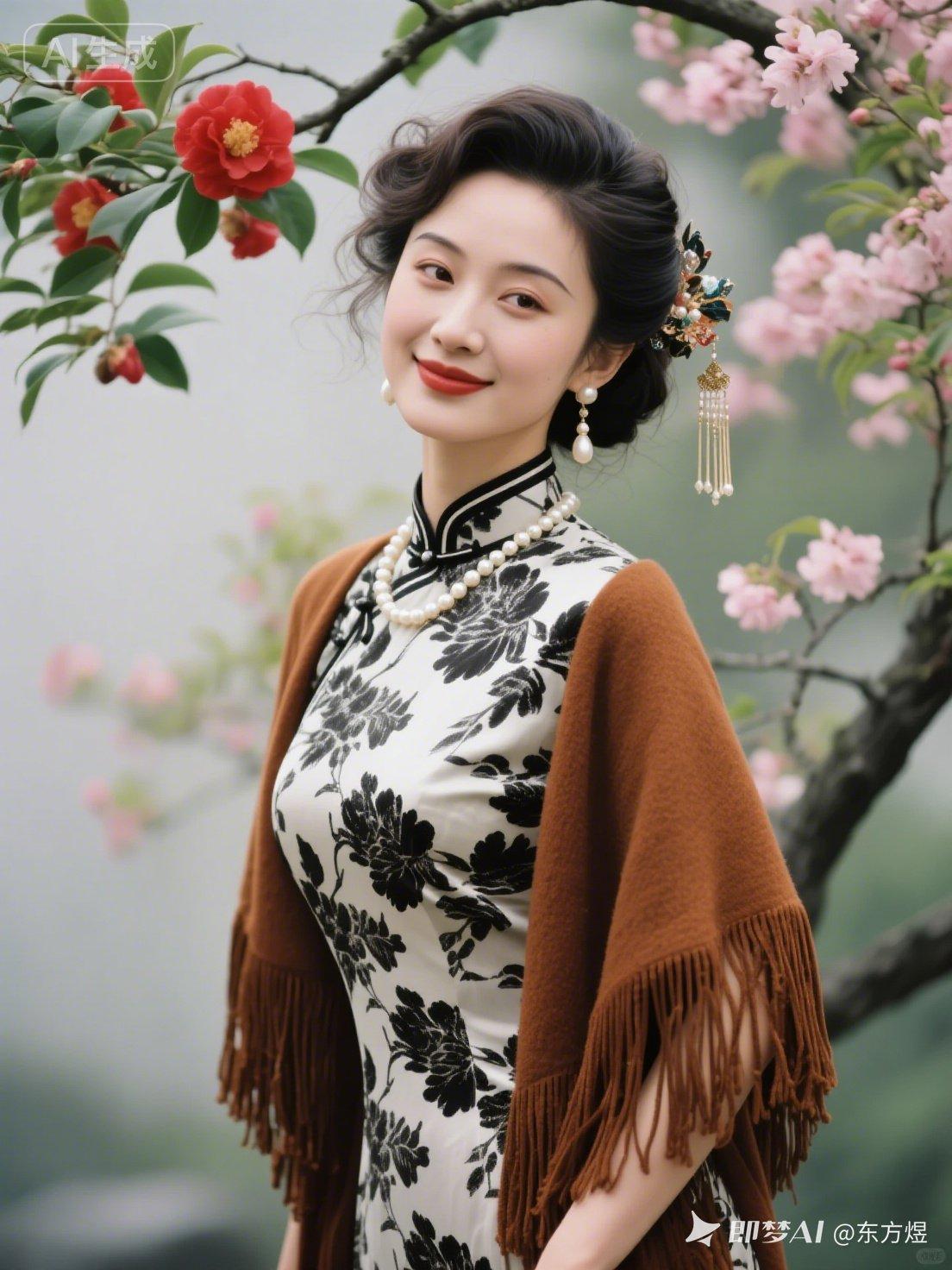 优雅旗袍，春日花影，东方韵致。