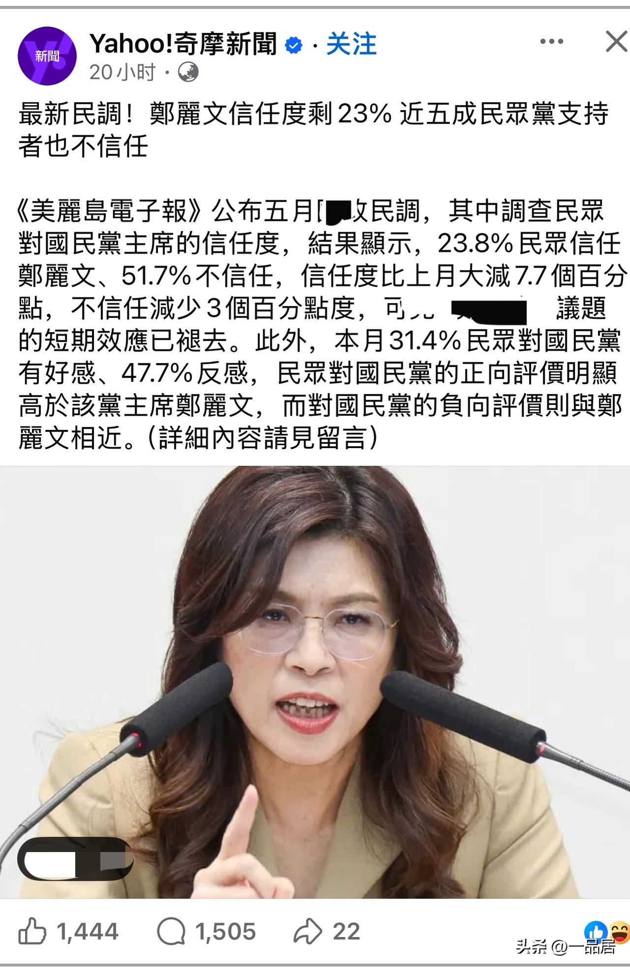 这个媒体应该是台湾省那边有绿营背景的，好家伙，国民党主席郑丽文支持度这么低了？当