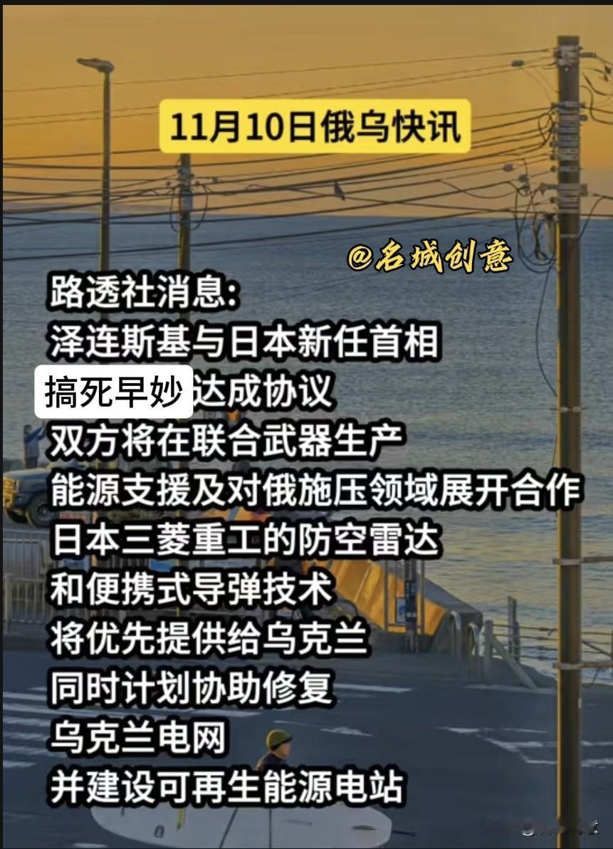 11月10日俄乌快讯：泽连斯基与日本新任首相搞死早秒达成协议双方将在联合武器生产