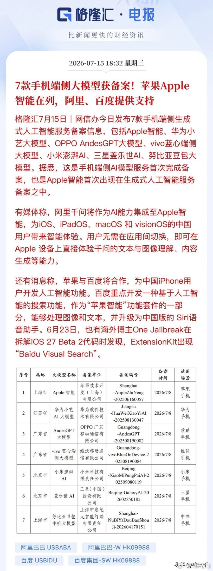 端侧大模型开始从手机端落地！7款手机端侧大模型获备案：苹果、华为小艺、欧珀手机、