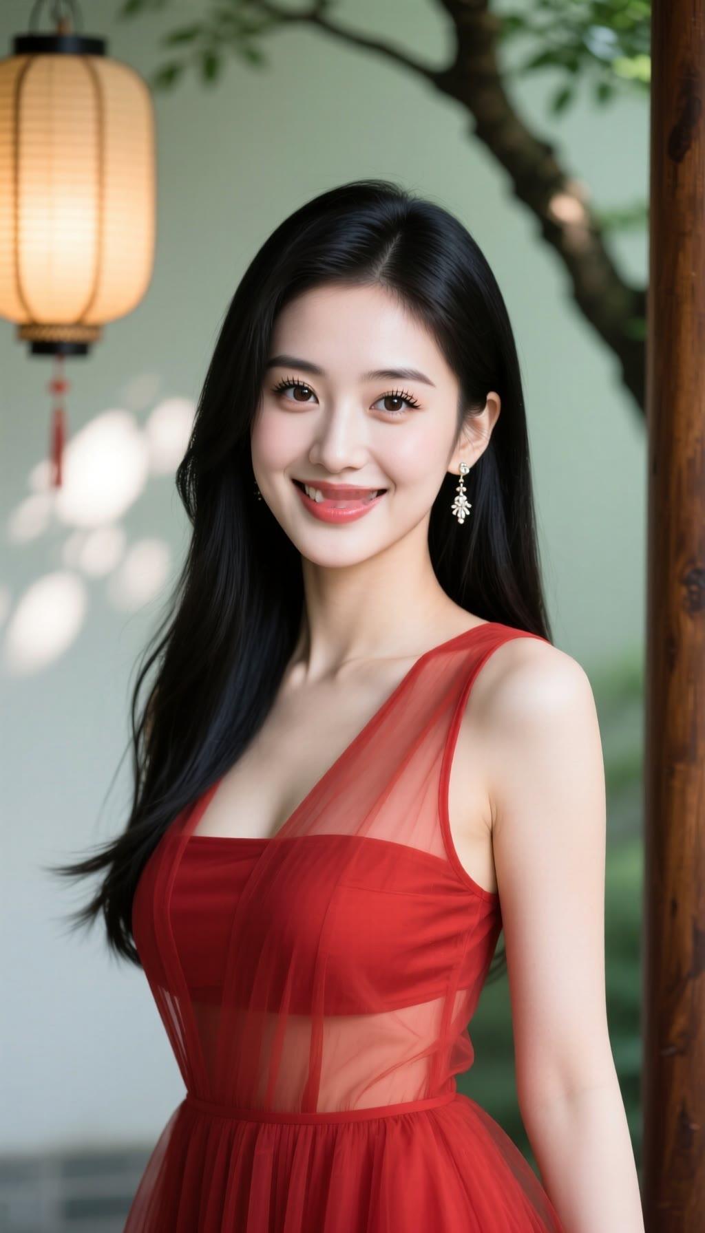 红衣美人笑，灯影映秋波。