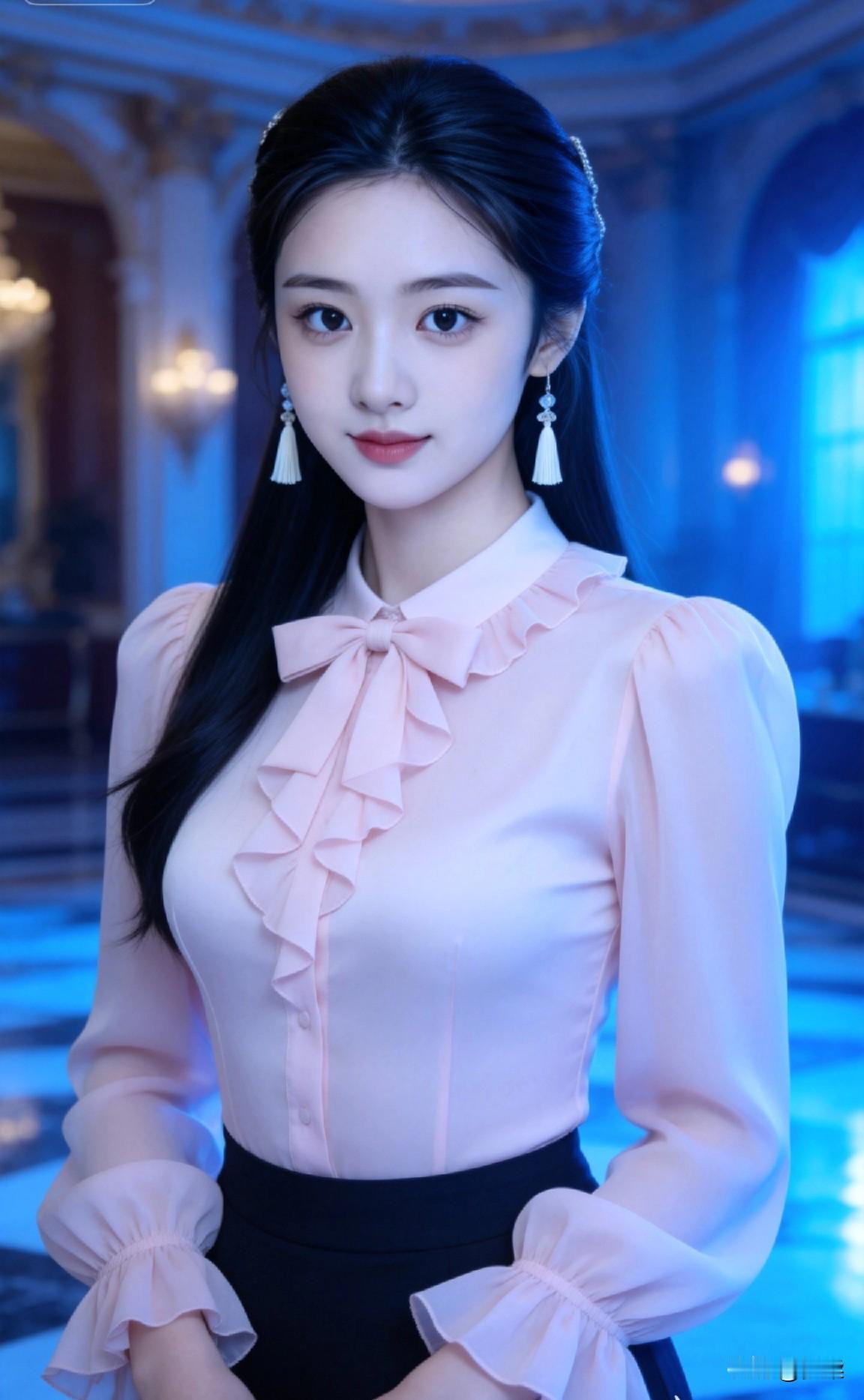 梦幻蓝调下的优雅少女，粉白相间的蝴蝶结衬衫，尽显甜美与优雅
