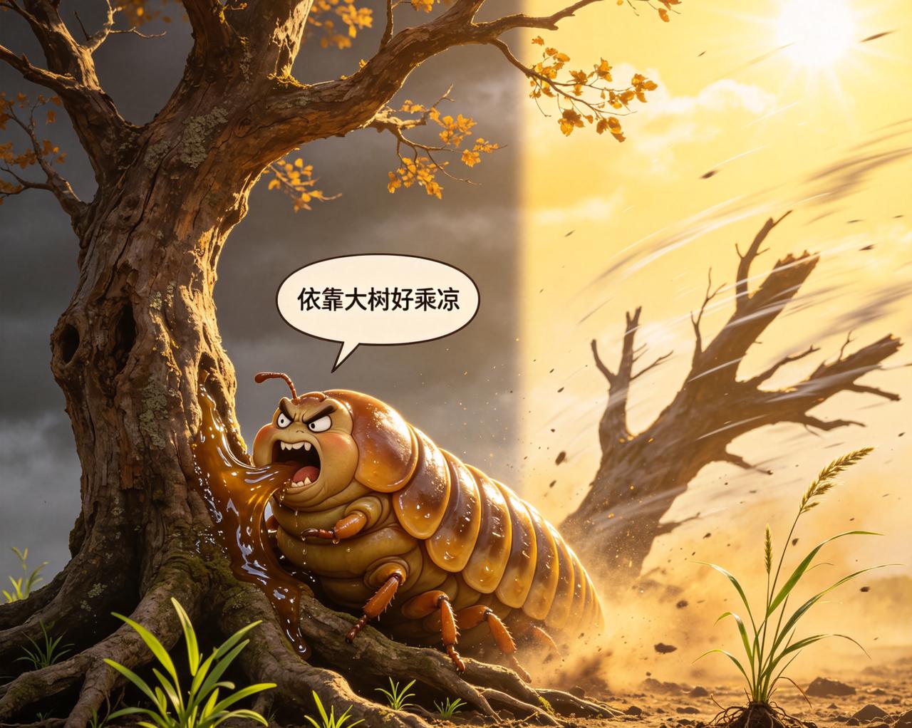 江湖怪谈•荒诞志141啃老虫

有巨虫，寄生于老树根部，不事生产，专吸老树汁液，