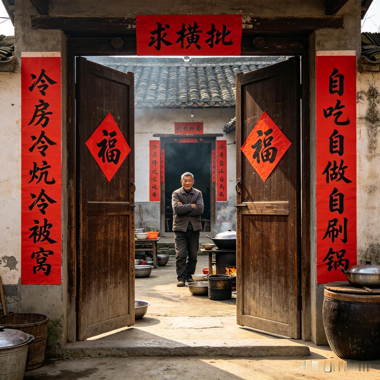 这副对联满是独处的清冷与自立——冷房冷炕衬着孤寂，自炊自洗透着独立，把一个人的生