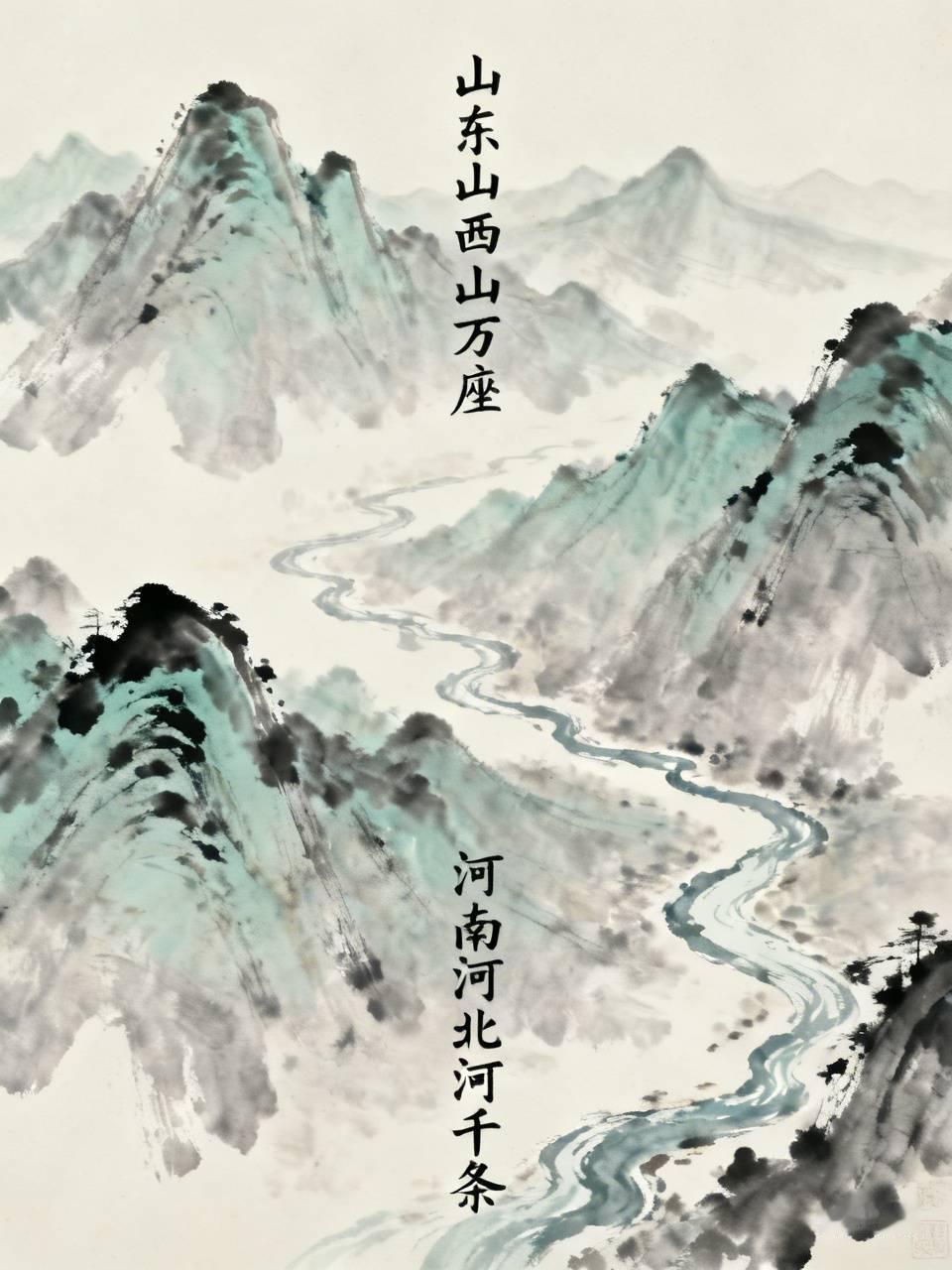 上联：山东山西山万座
下联：河南河北河千条
解析：豫冀两地以黄河为界，河流众多，