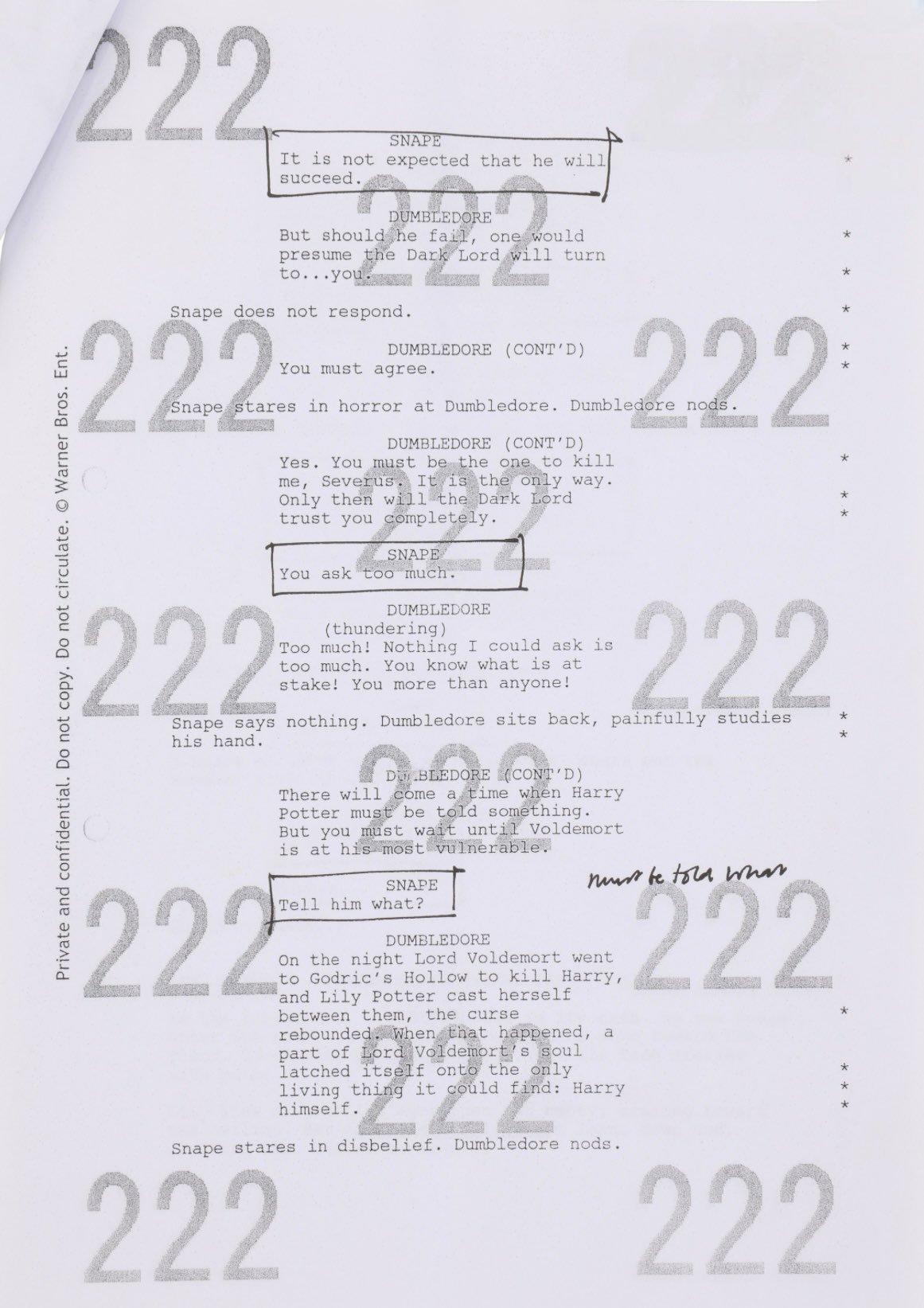 艾伦·里克曼亲笔注释的《哈利·波特与死亡圣器（下）》剧本手稿流出，共七页剧本将在