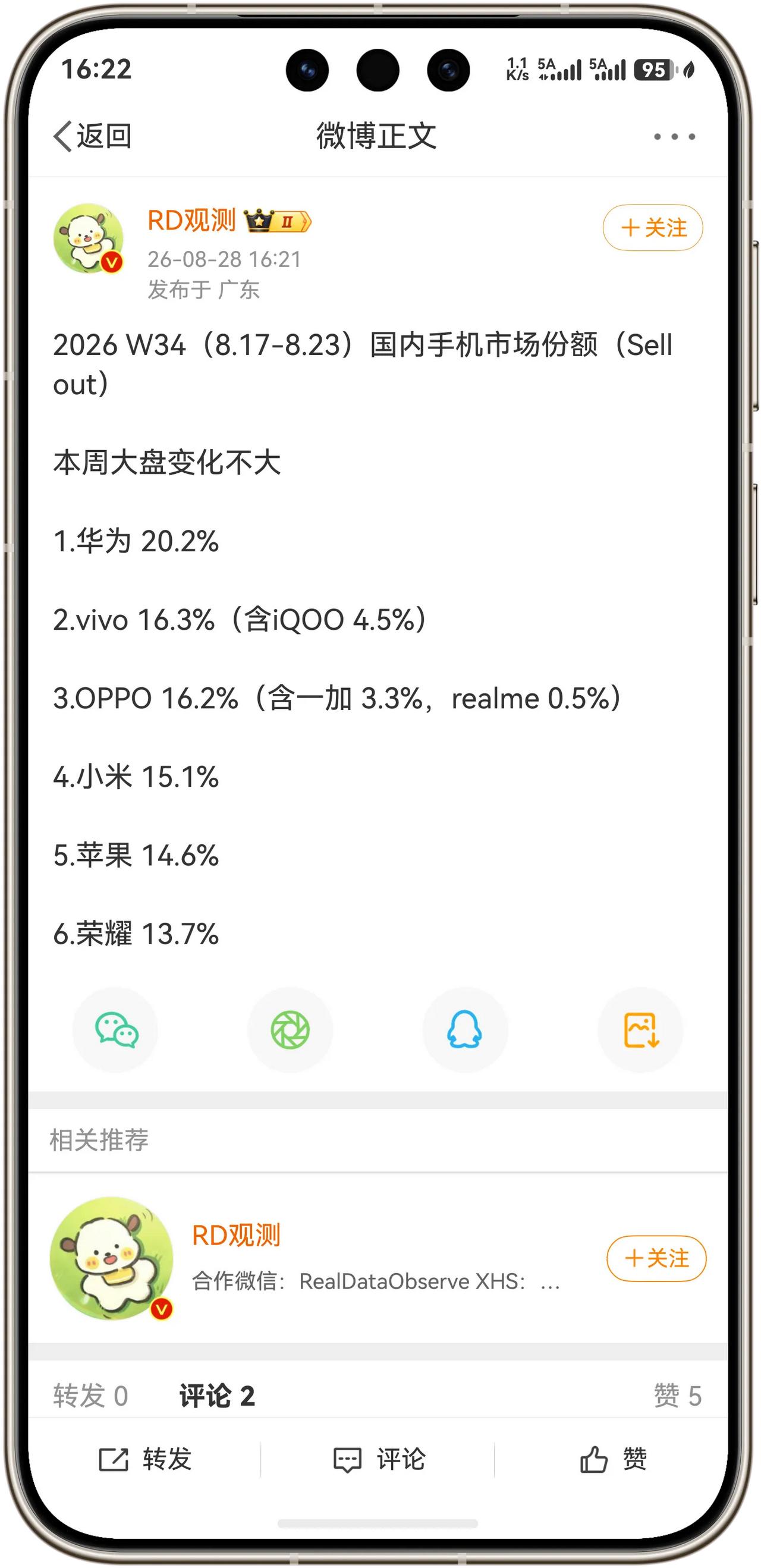 好消息！2026 W34（8.17-8.23）国内手机市场份额华为又是第一，基本