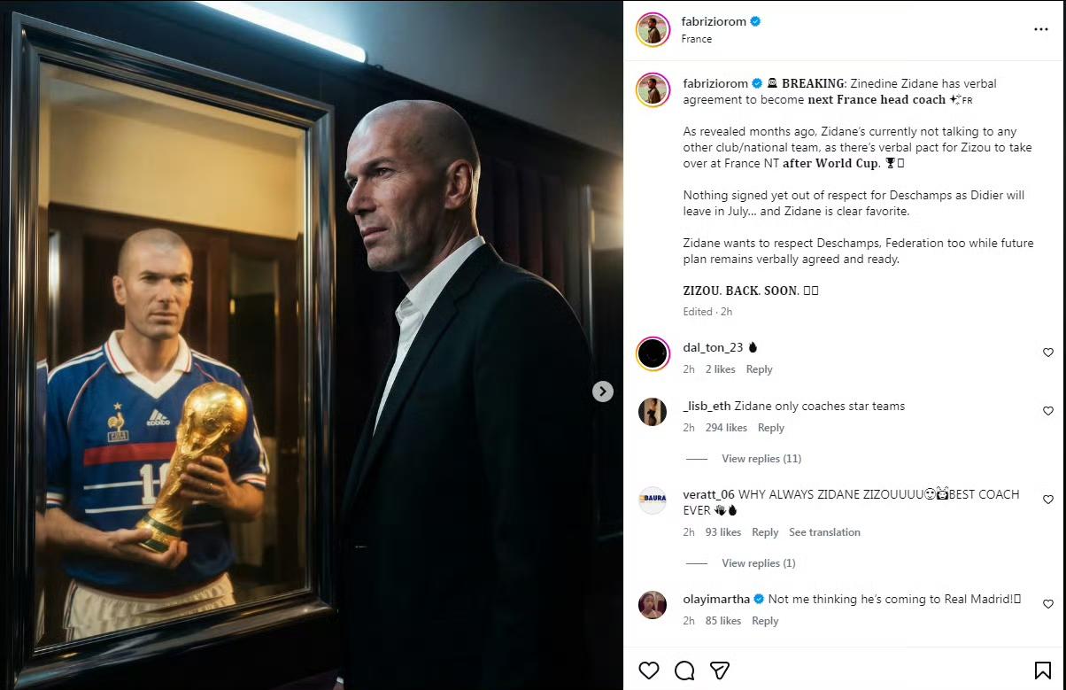 齐达内的国家队之约，终于落定了。
 
知名转会记者罗马诺最新确认，齐达内已经和法