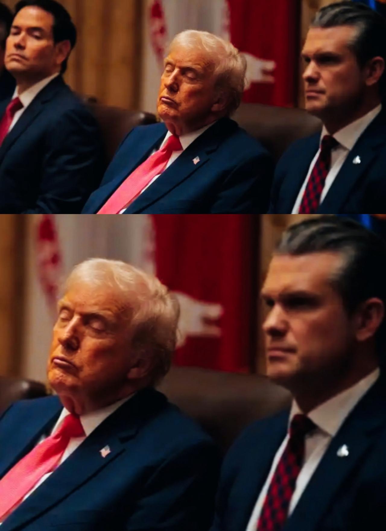 特朗普这是开会睡着了吗？这是进入梦乡了吗？
鲁比奥和海格赛斯一左一右，也没有提醒