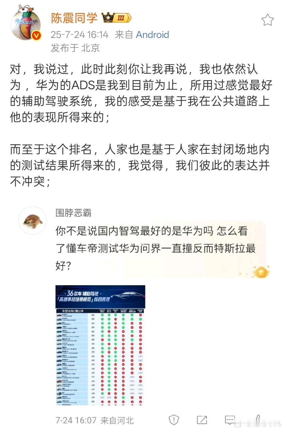 虽然在懂车帝的智驾横评测试中特斯拉的FSD表现更好，但是陈震依然认为截至目前华为
