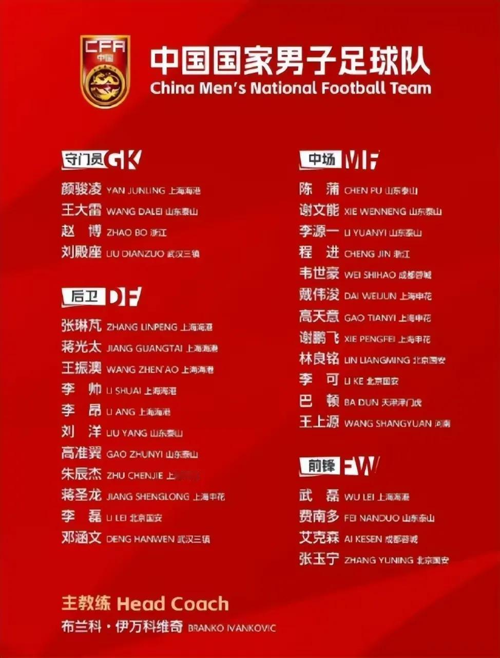 国足大名单出炉，泰山队方面，王大雷、刘洋、陈蒲、费南多、高准翼和李源一将随队出征