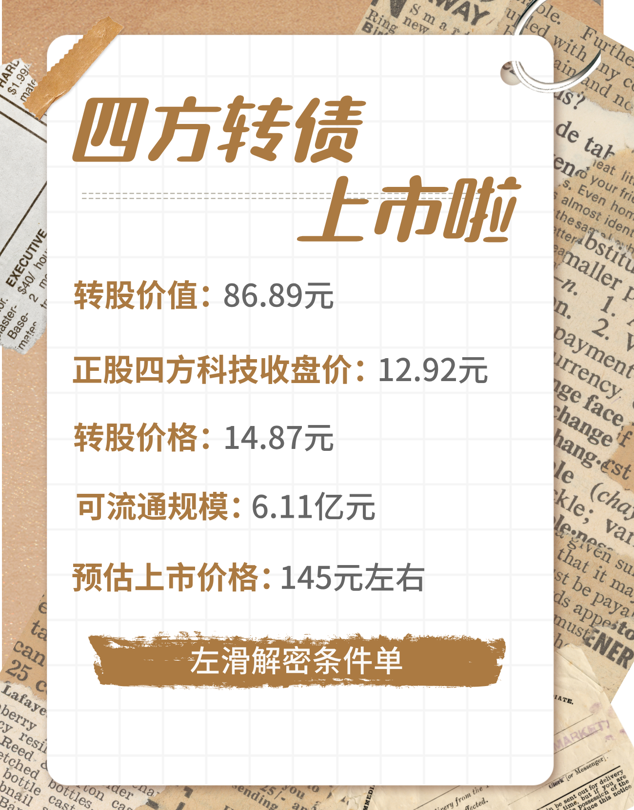 9月23日【四方转债】上市啦【所属交易所】上海【四方转债】转股价格：14.87元