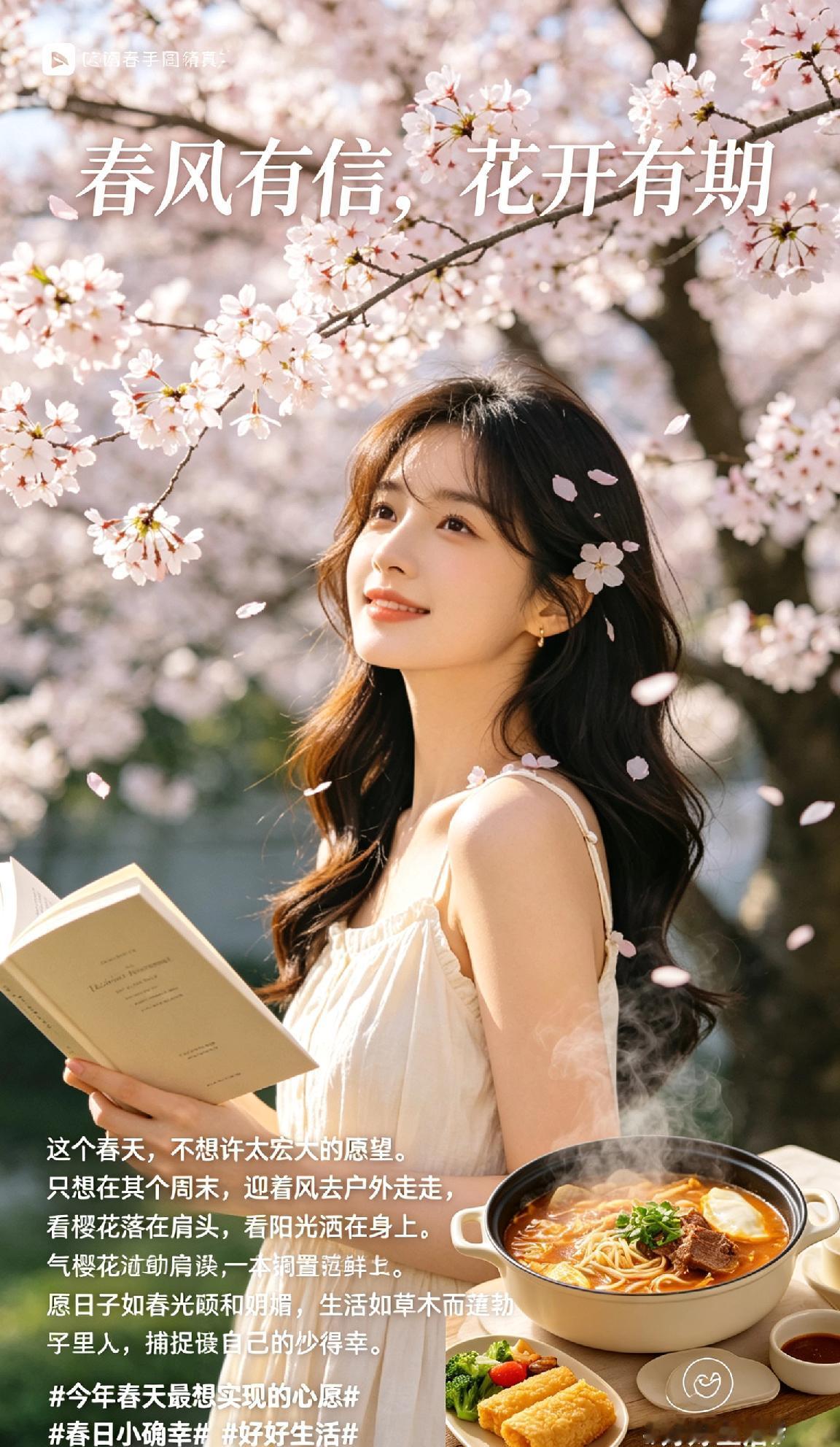 春风有信，花开有期。🌸
这个春天，不想许太宏大的愿望。
只想在某个周末，迎着风