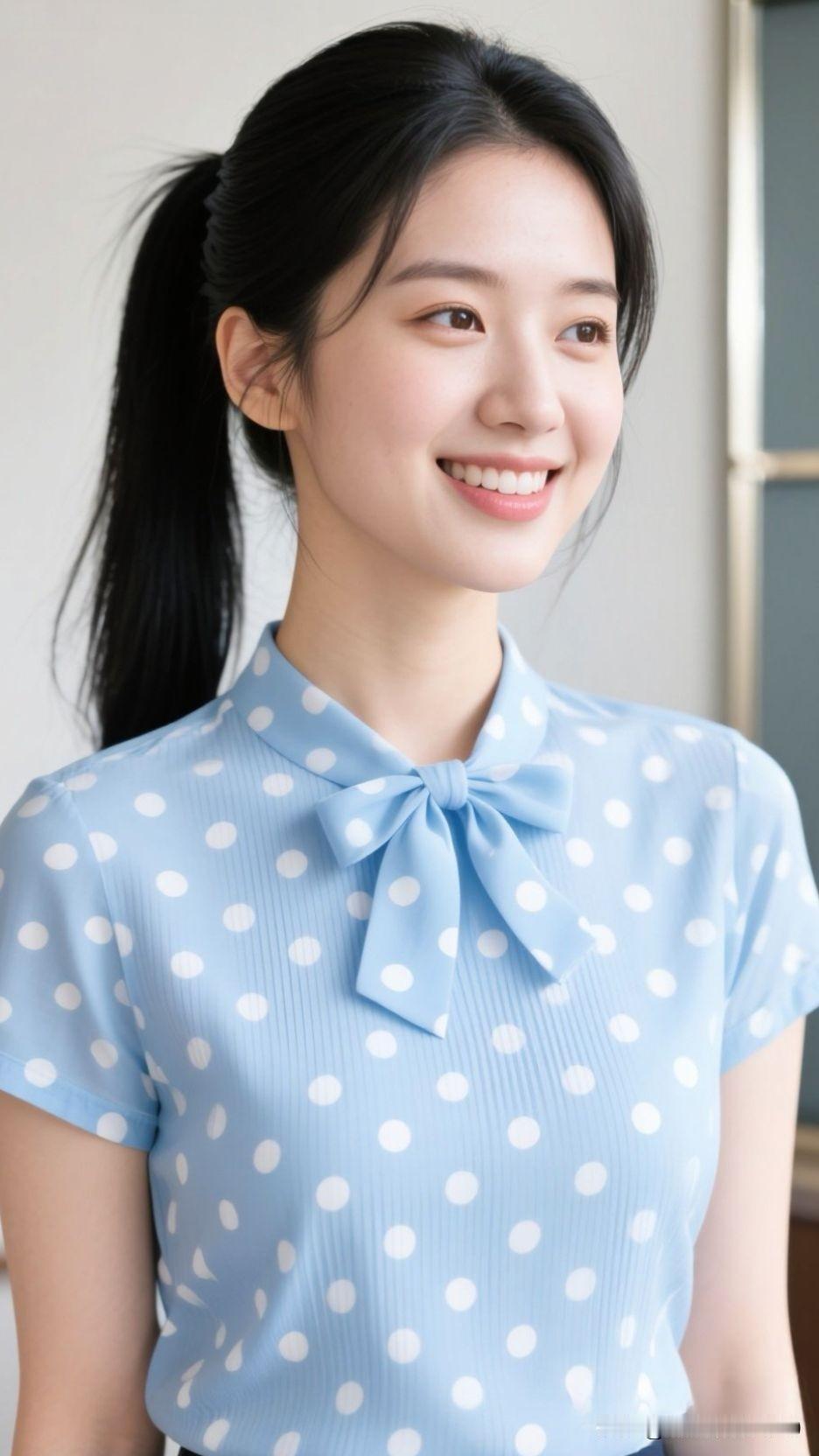 🌸 软蓝裹住光的柔，波点与领结私语，一笑间，光阴都成了清冽又明媚的模样。小清新
