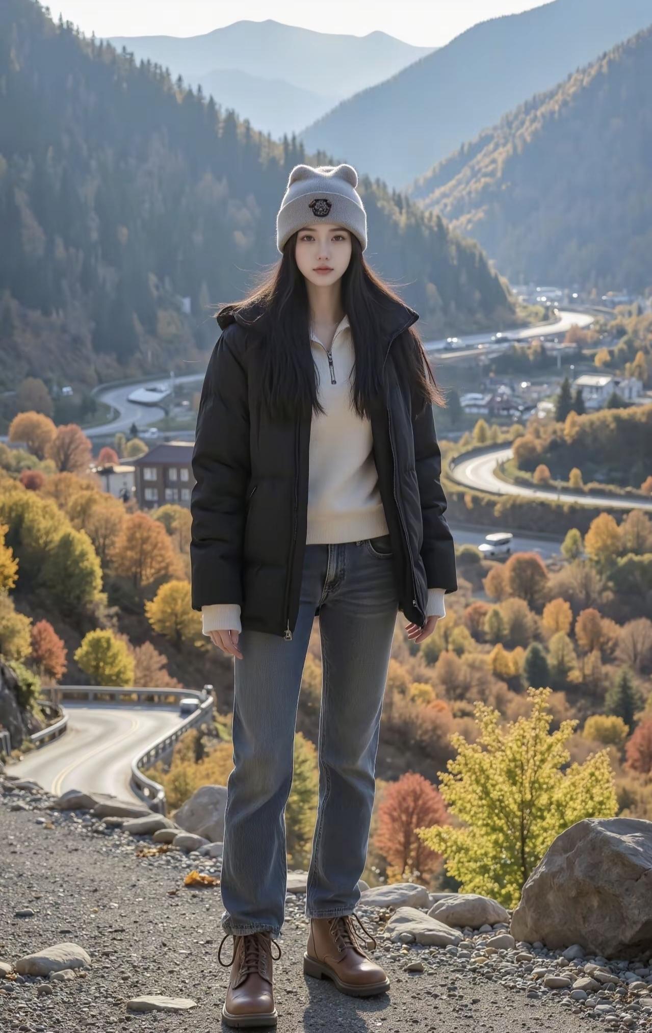 风把秋山揉成打翻的调色盘，裹紧黑外套时，刚好接住一捧暖光。山路绕着金黄往云里钻，