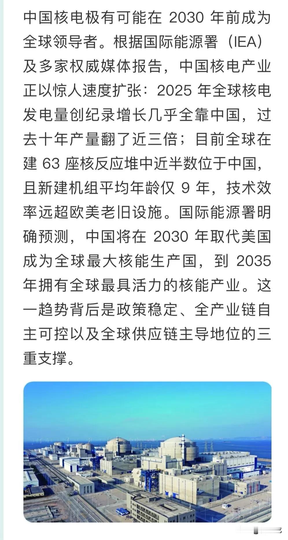 “中国核电极有可能在 2030 年前成为全球领导者”。根据国际能源署（IEA）及