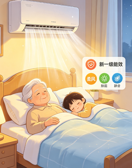 如何给老人孩子选空调整理了几个点，可以按需选择机型能效：只选新一级变频，温控稳定