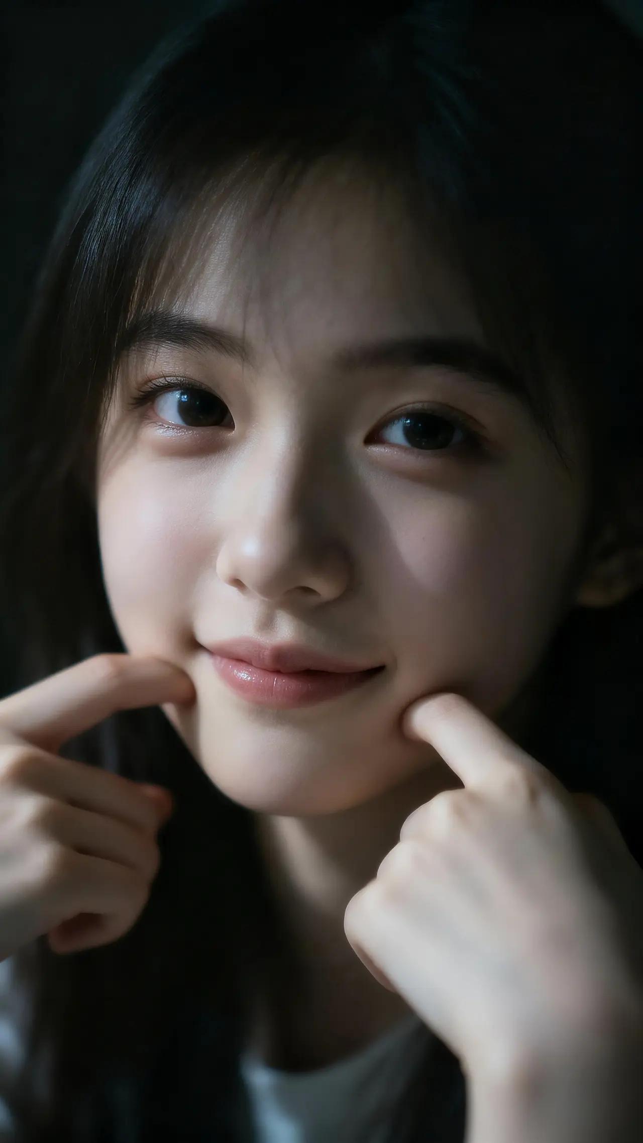 元气少女微笑，手指轻触脸颊，萌化你的心！😊✨🌴